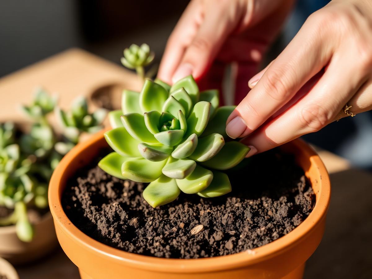 Hands lovingly repotting a green succulent