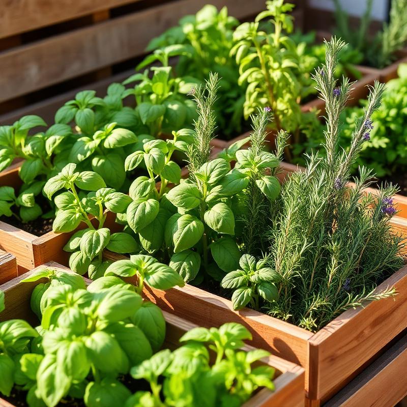 Fresh culinary herbs in wooden planters